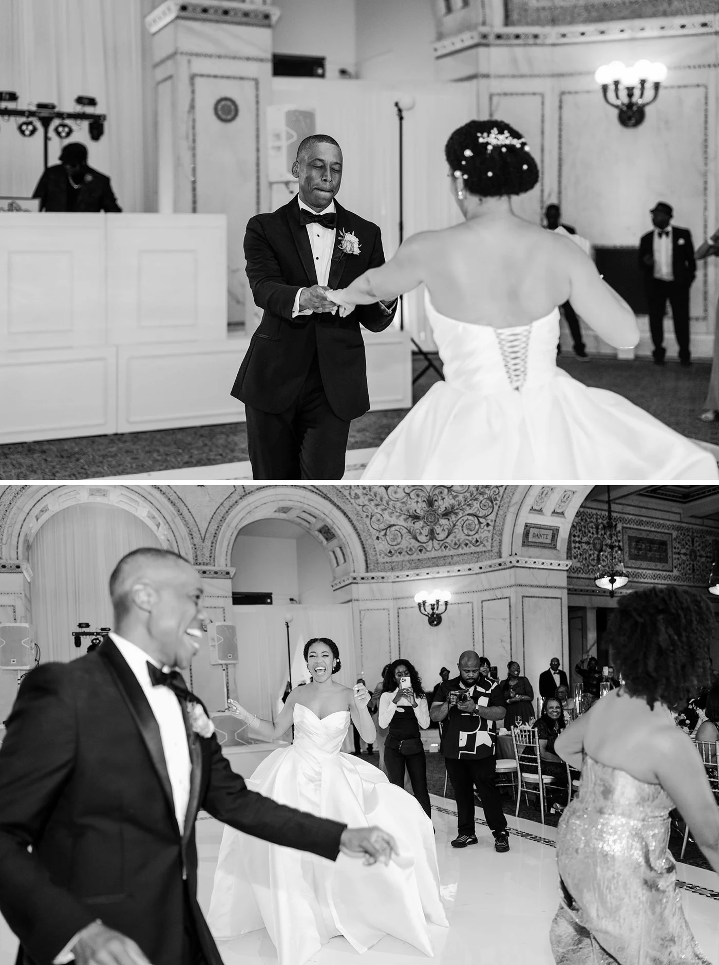 Bride dancing with her family at her wedding reception