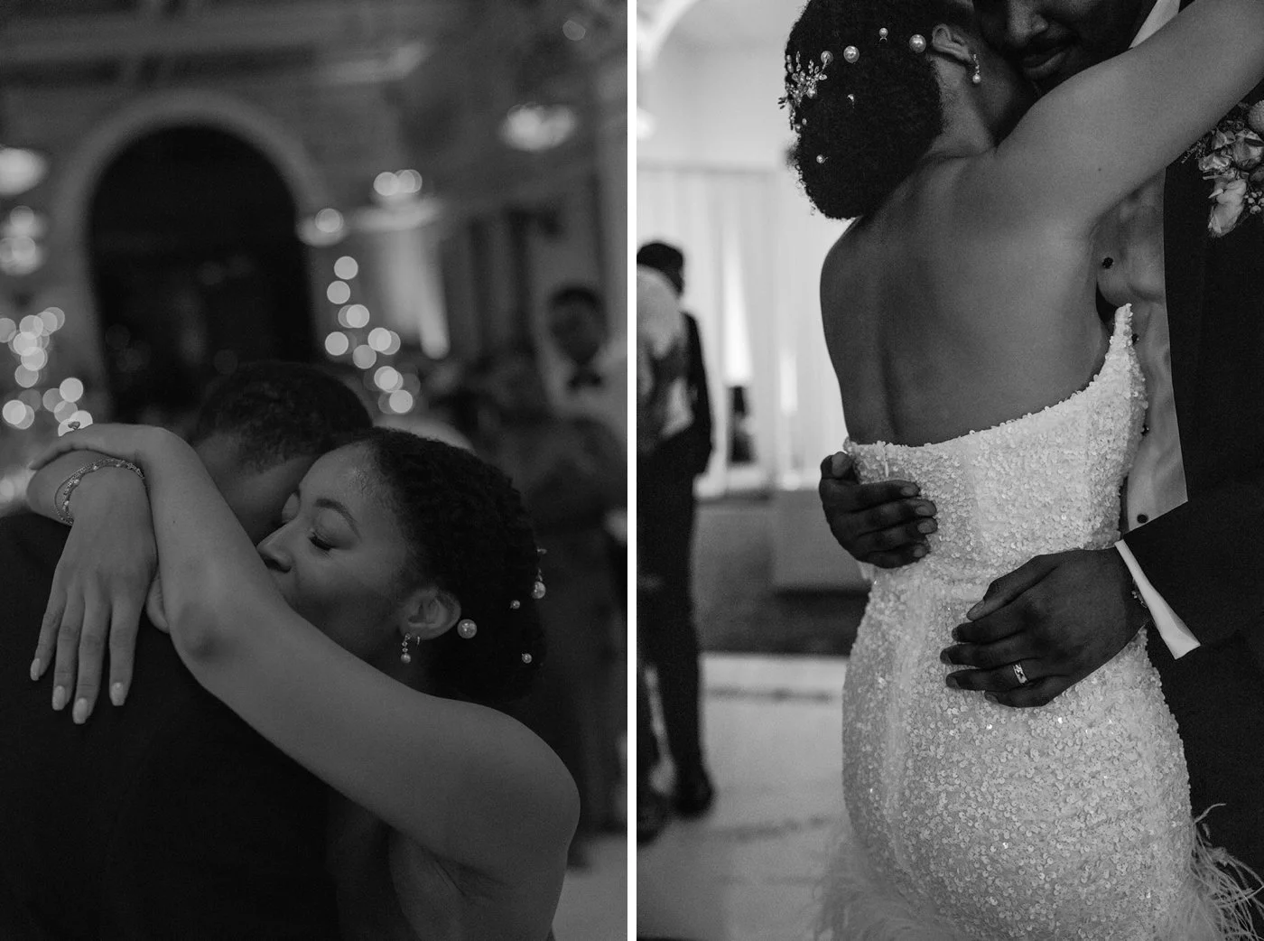 Closeup shots of a bride and groom slow-dancing at their wedding reception