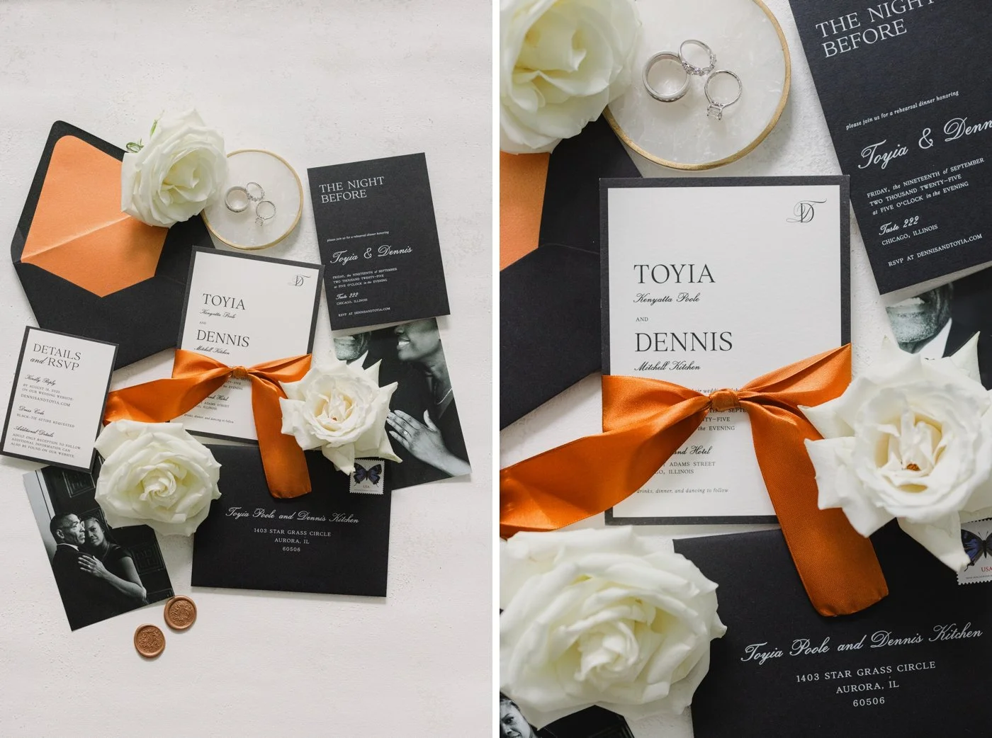 Flatlay of a black and white wedding invitation by DEJAMAKES Creative Studio