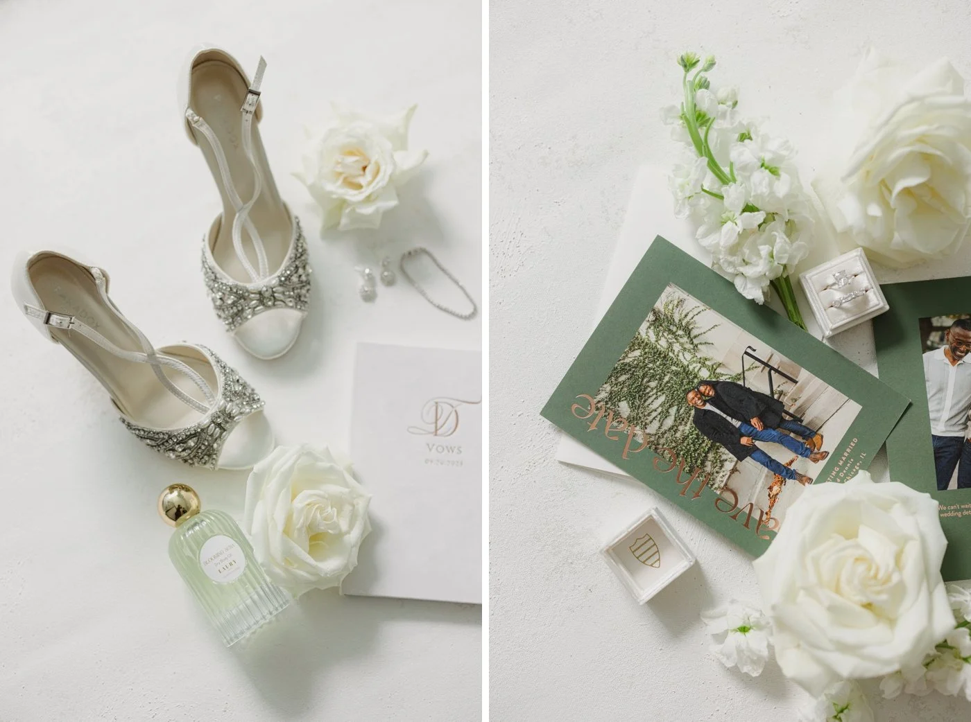 Flatlay of cream roses, and silver Paradox London heels