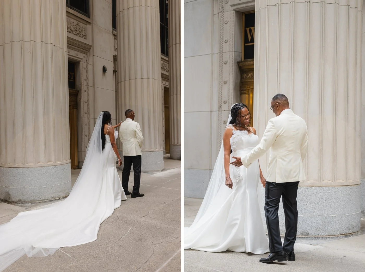 First look in front of a historic building in Downtown Chicago
