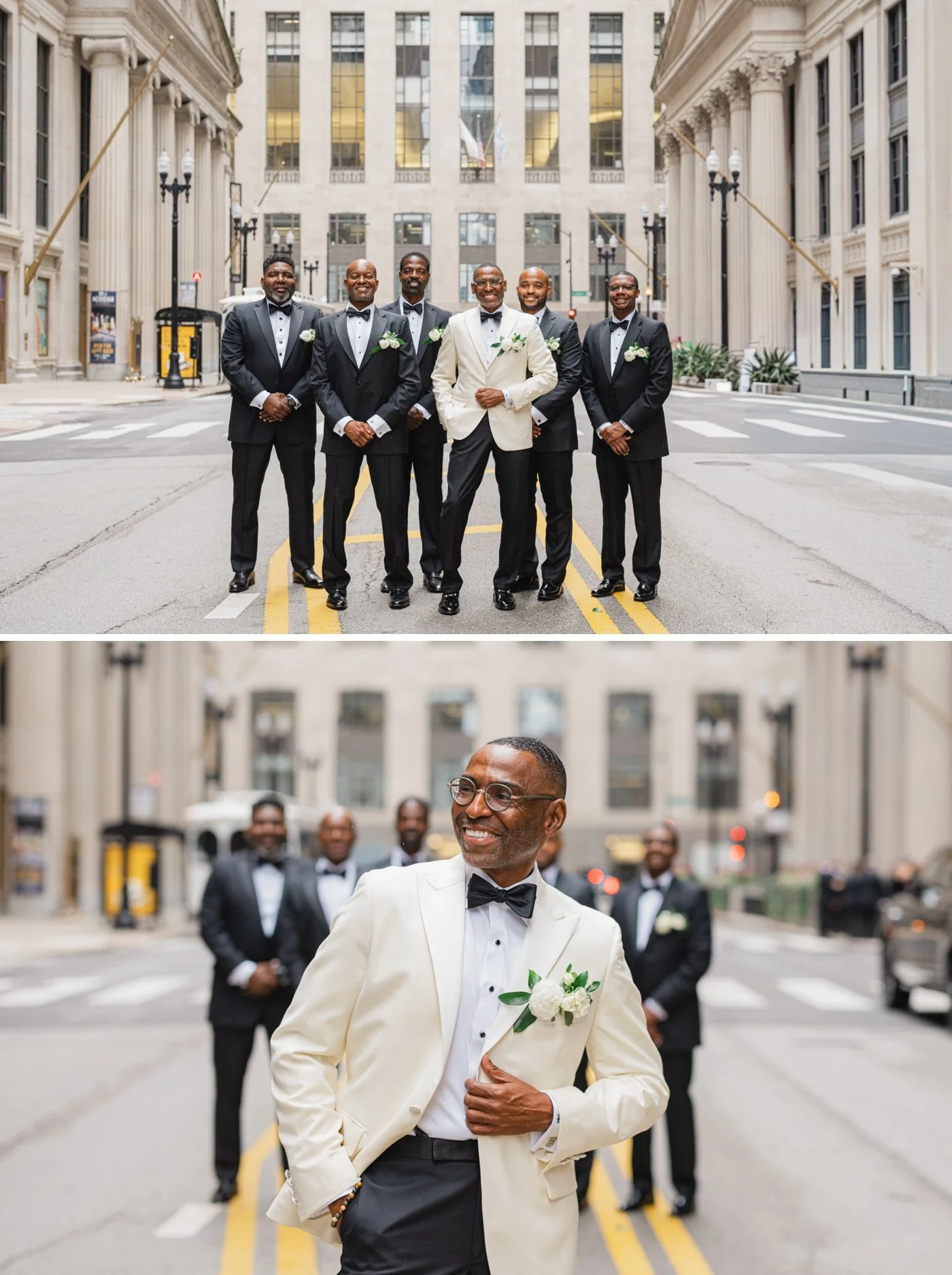 Groom's wedding party portraits in Downtown Chicago