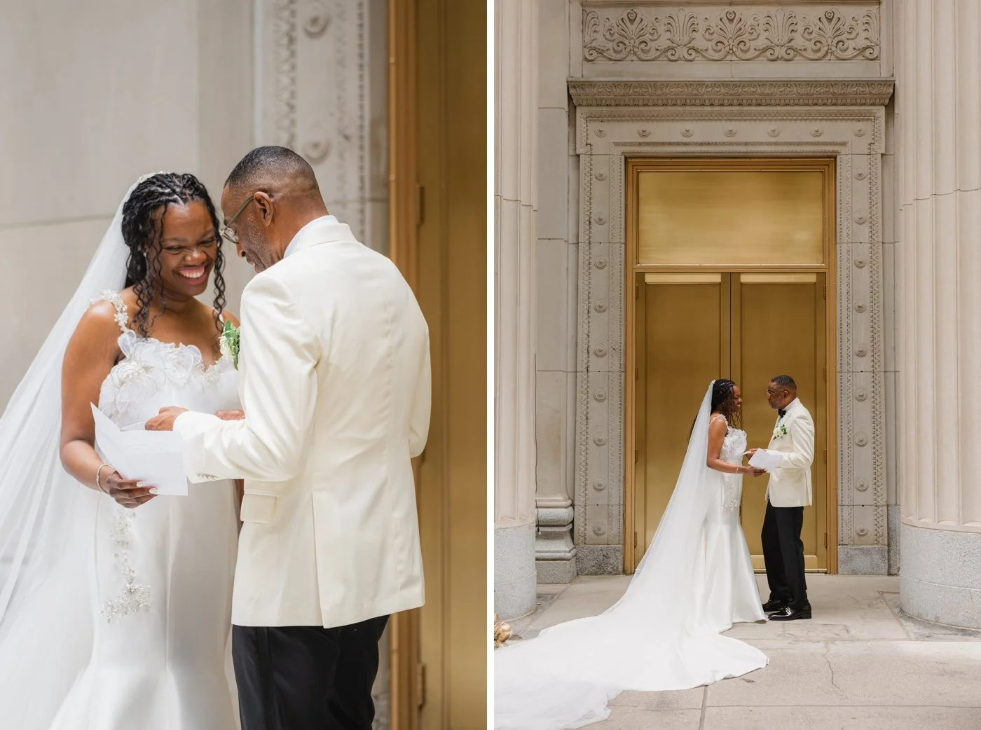 Bride and groom reading private wedding vows