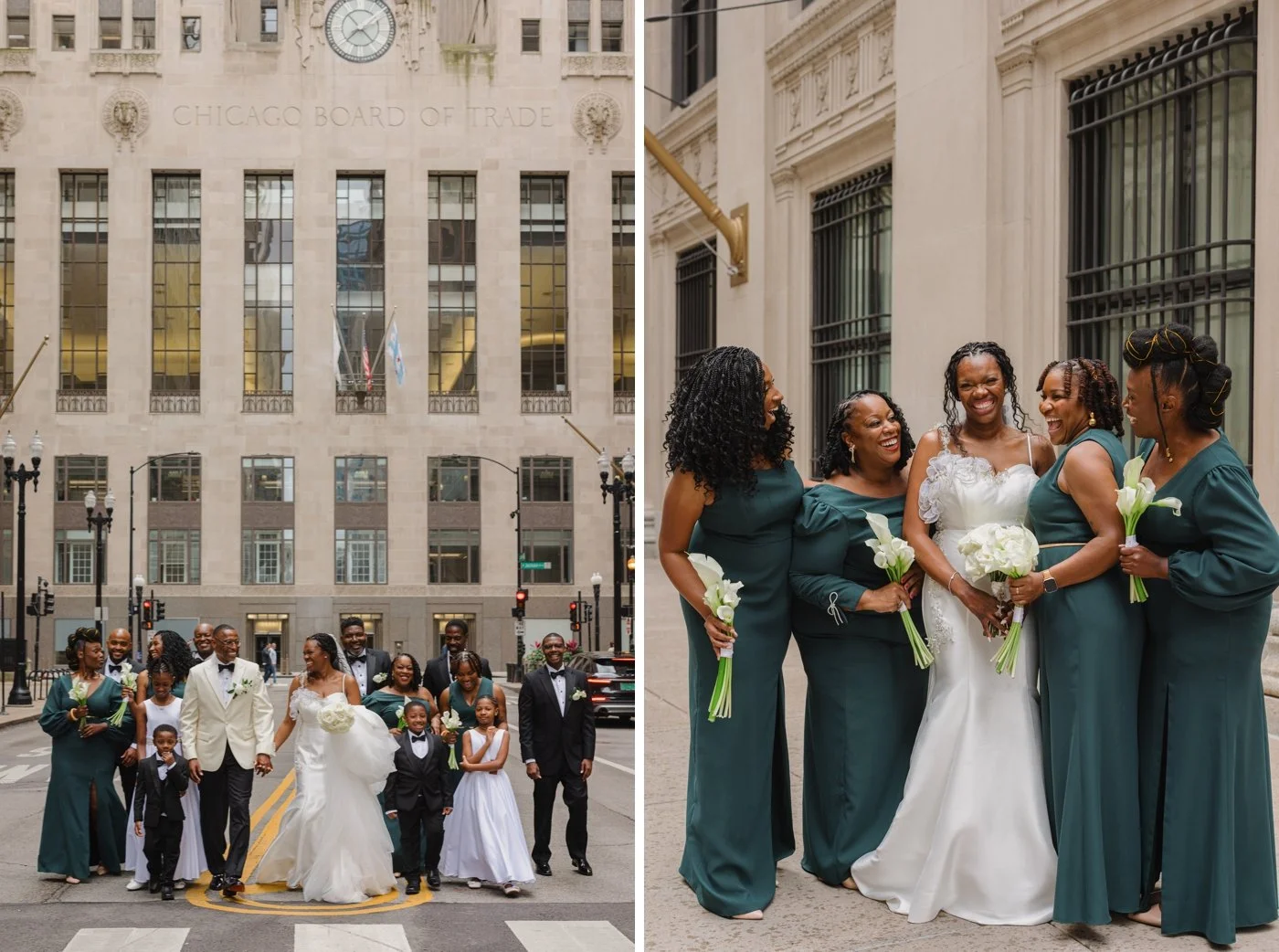 Bridesmaids wearing dark green dresses and holding calla lily bouquets