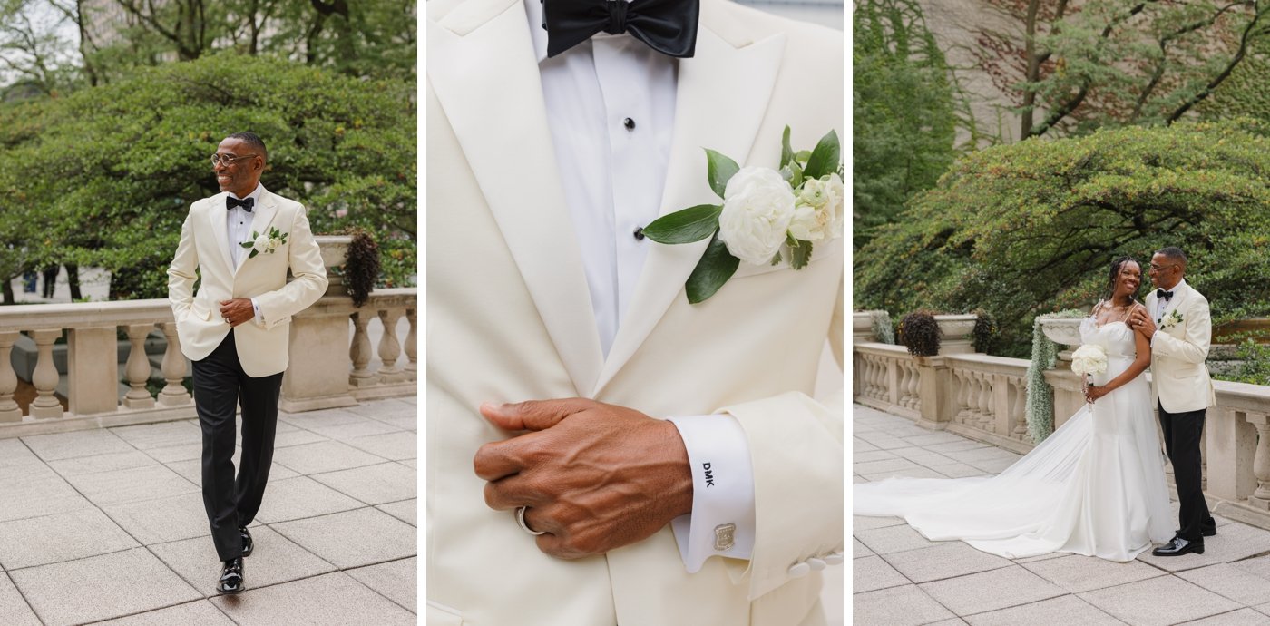 Groom wearing an ivory tuxedo and a black silk bowtie