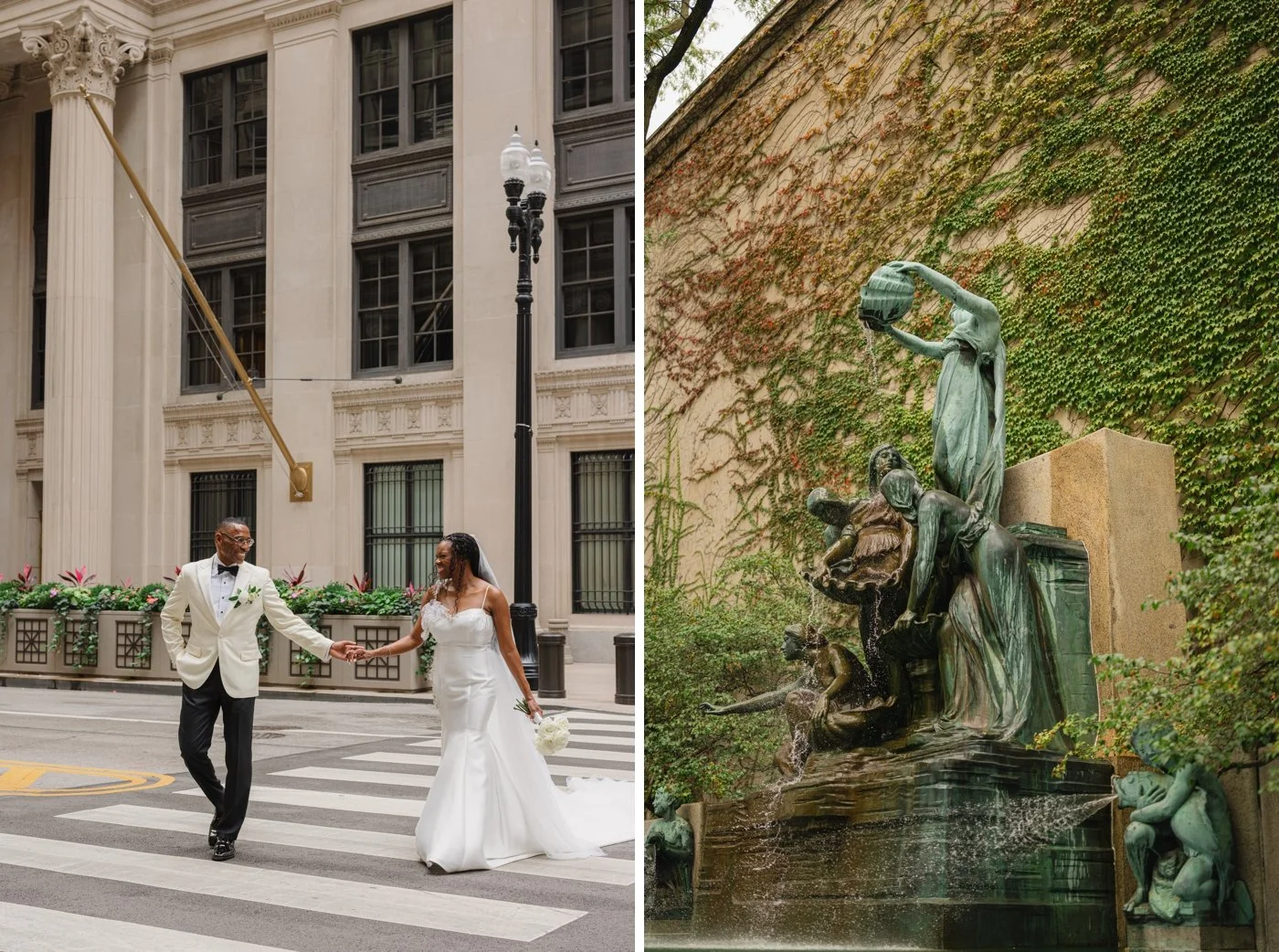 Bride and groom holding hands and walking across the street