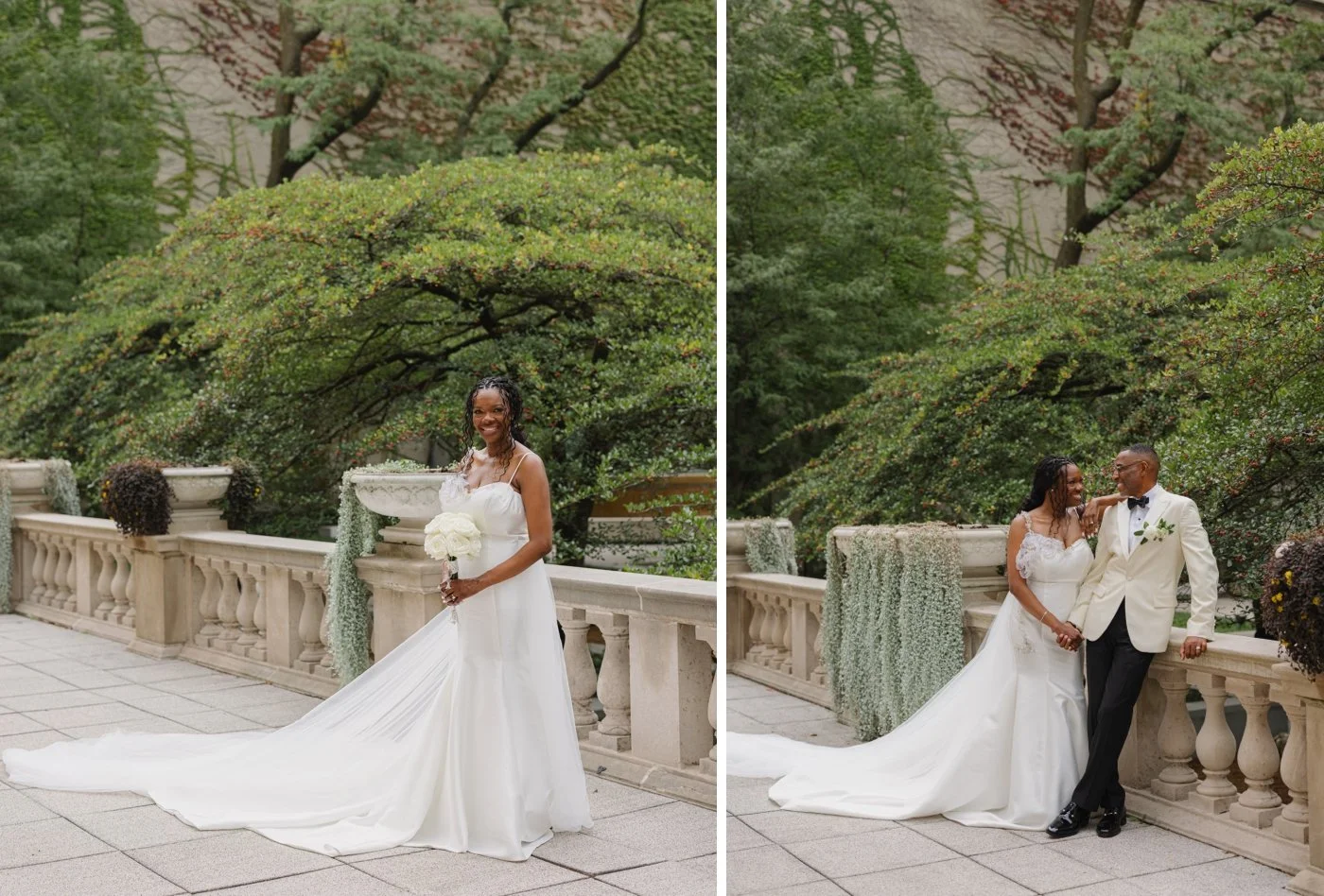 Bride holding a bouquet of cream roses