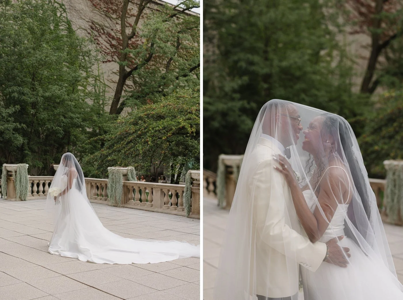 Bride and groom embracing underneath her veil