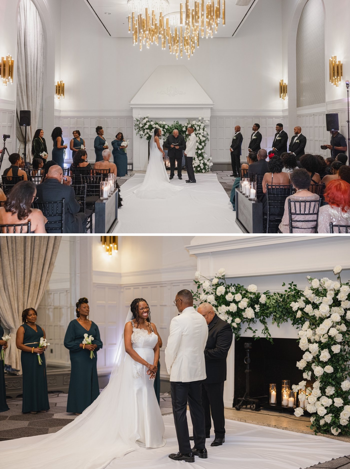 Bride and groom exchanging vows in front of a white fireplace with cream roses