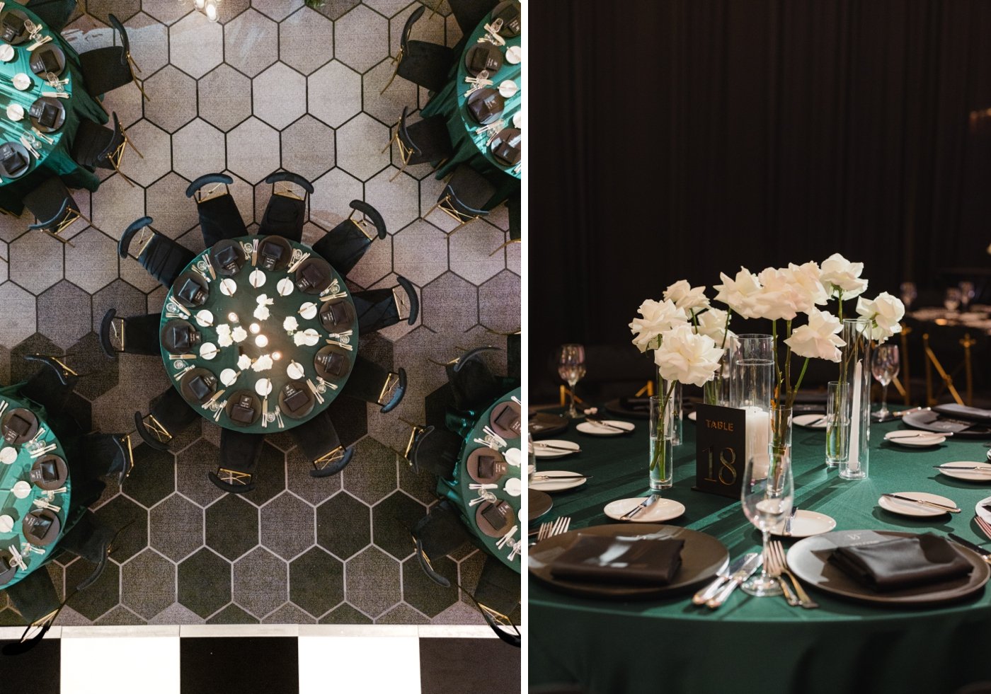 Aerial view of tables with dark green tablecloths at a Chicago wedding