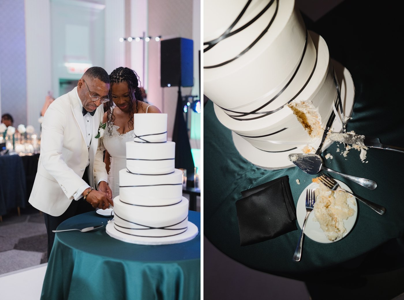 Bride and groom cutting a black and white wedding cake