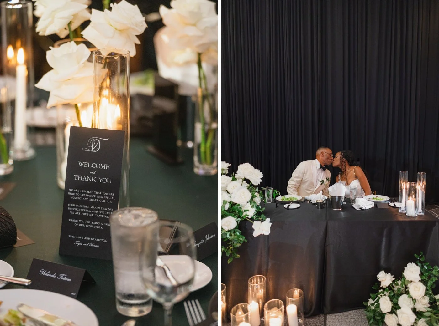 Bride and groom kissing during dinner at their wedding reception