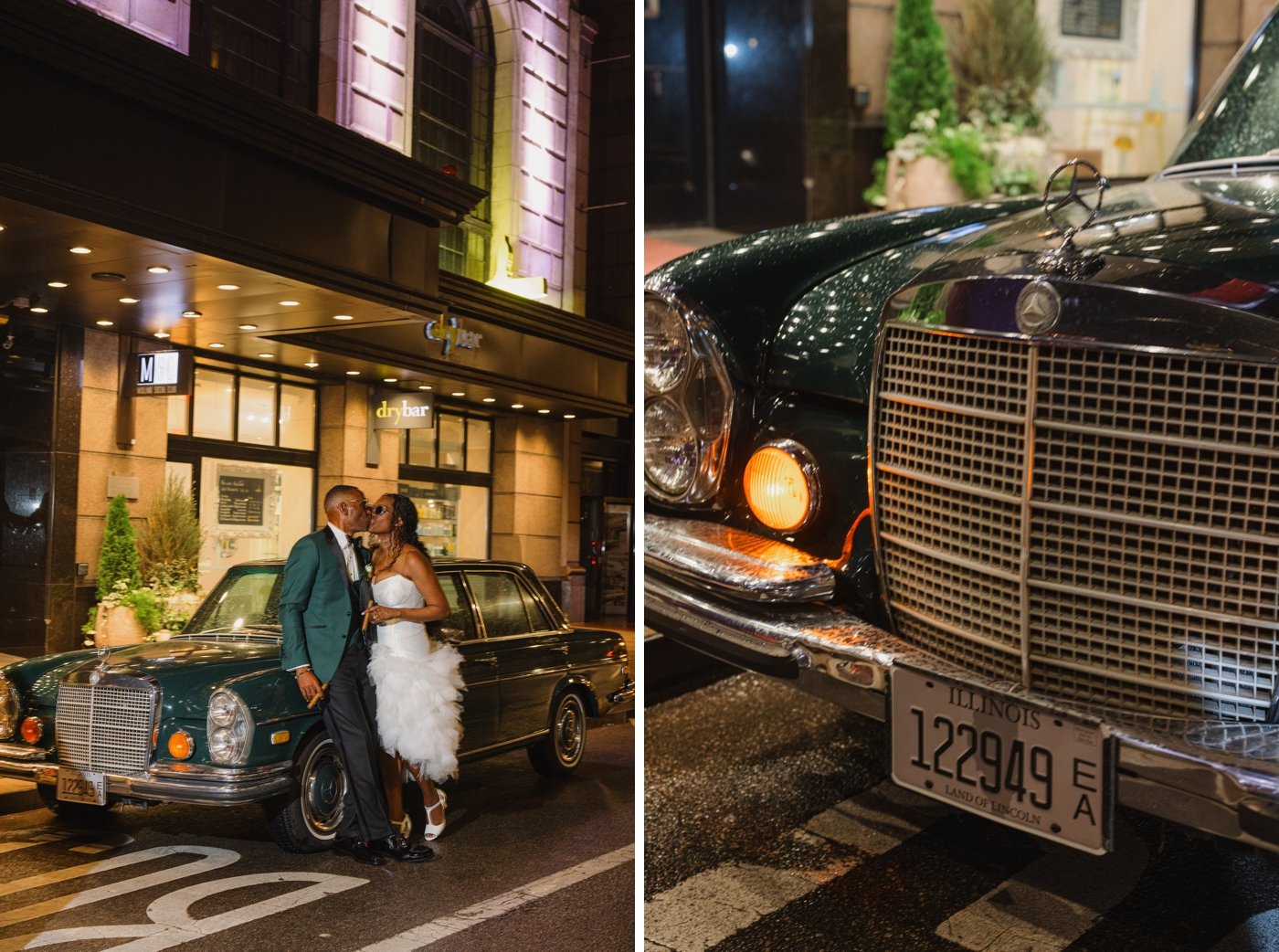 Bride and groom holding cigars and posing in front of an antique car