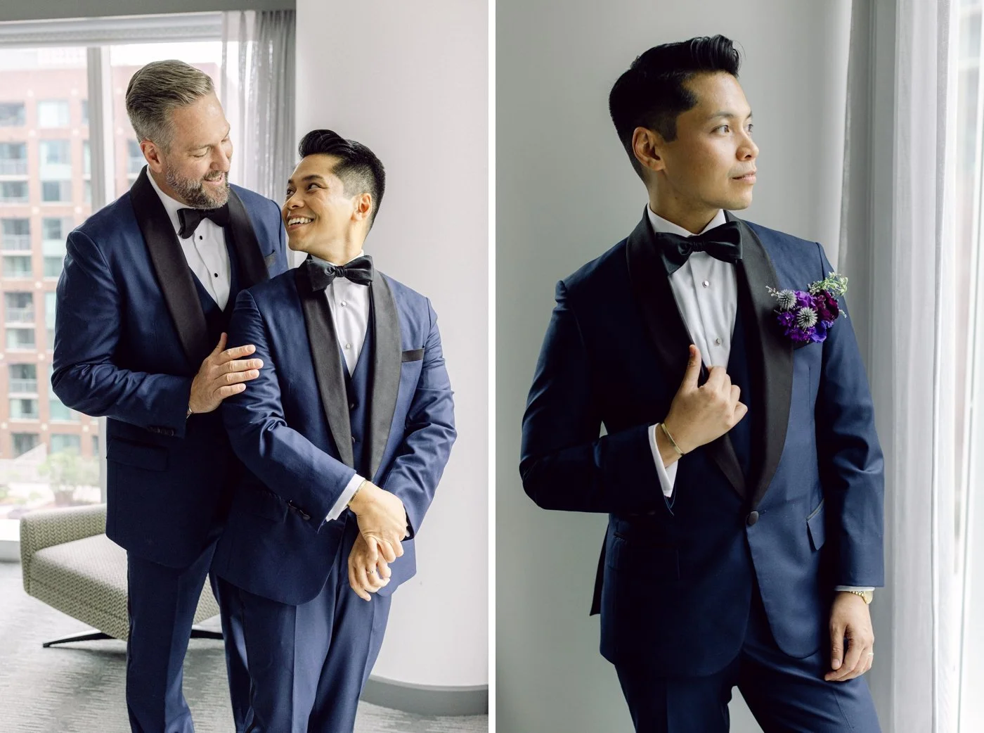 Groom getting ready for his wedding at Adler Planetarium