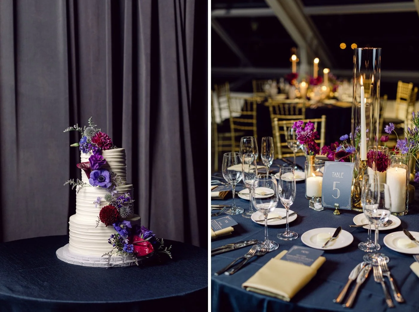 Fall wedding cake decorated with purple and burgundy flowers