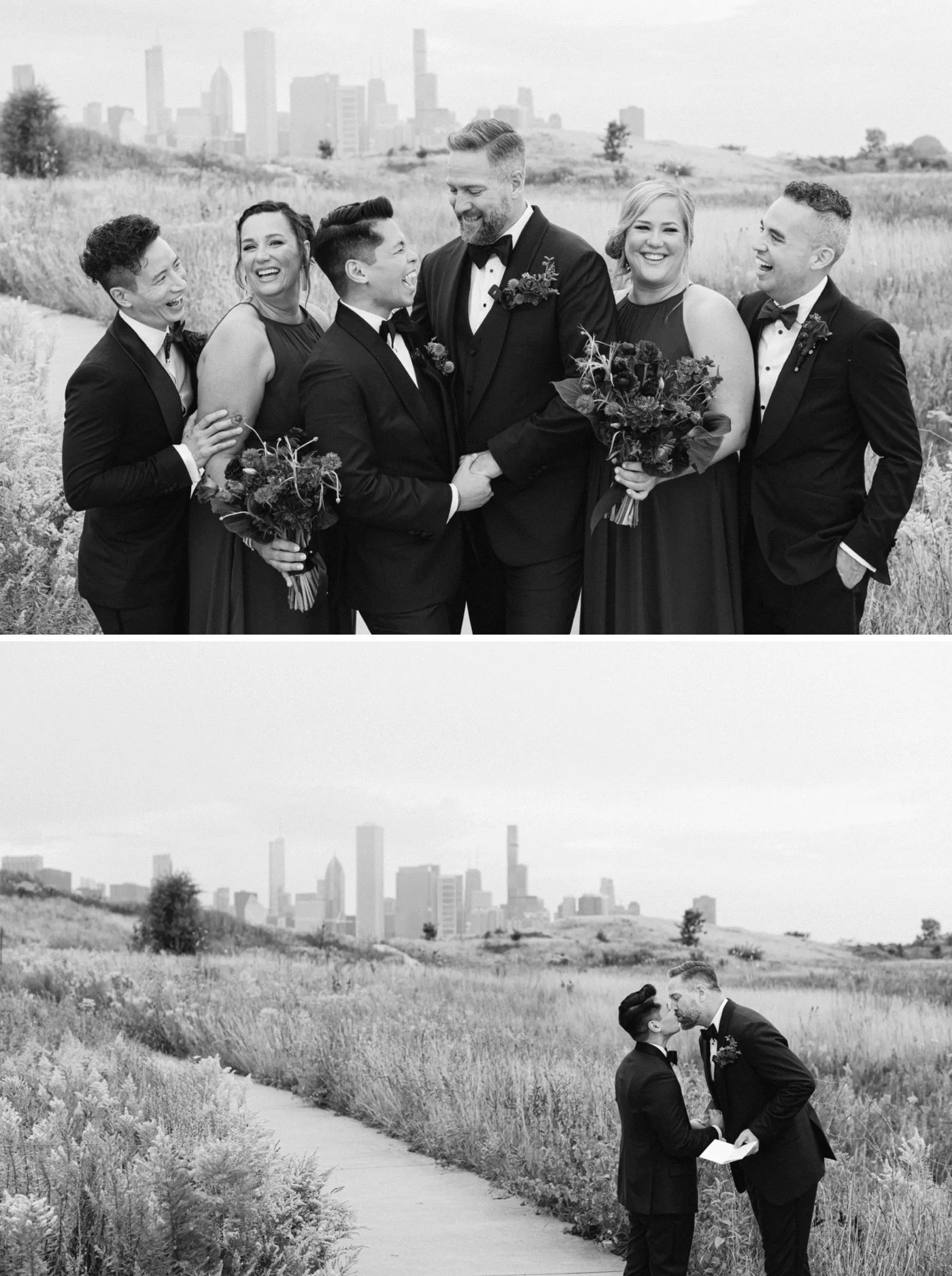 Wedding party portraits in front of the Chicago skyline