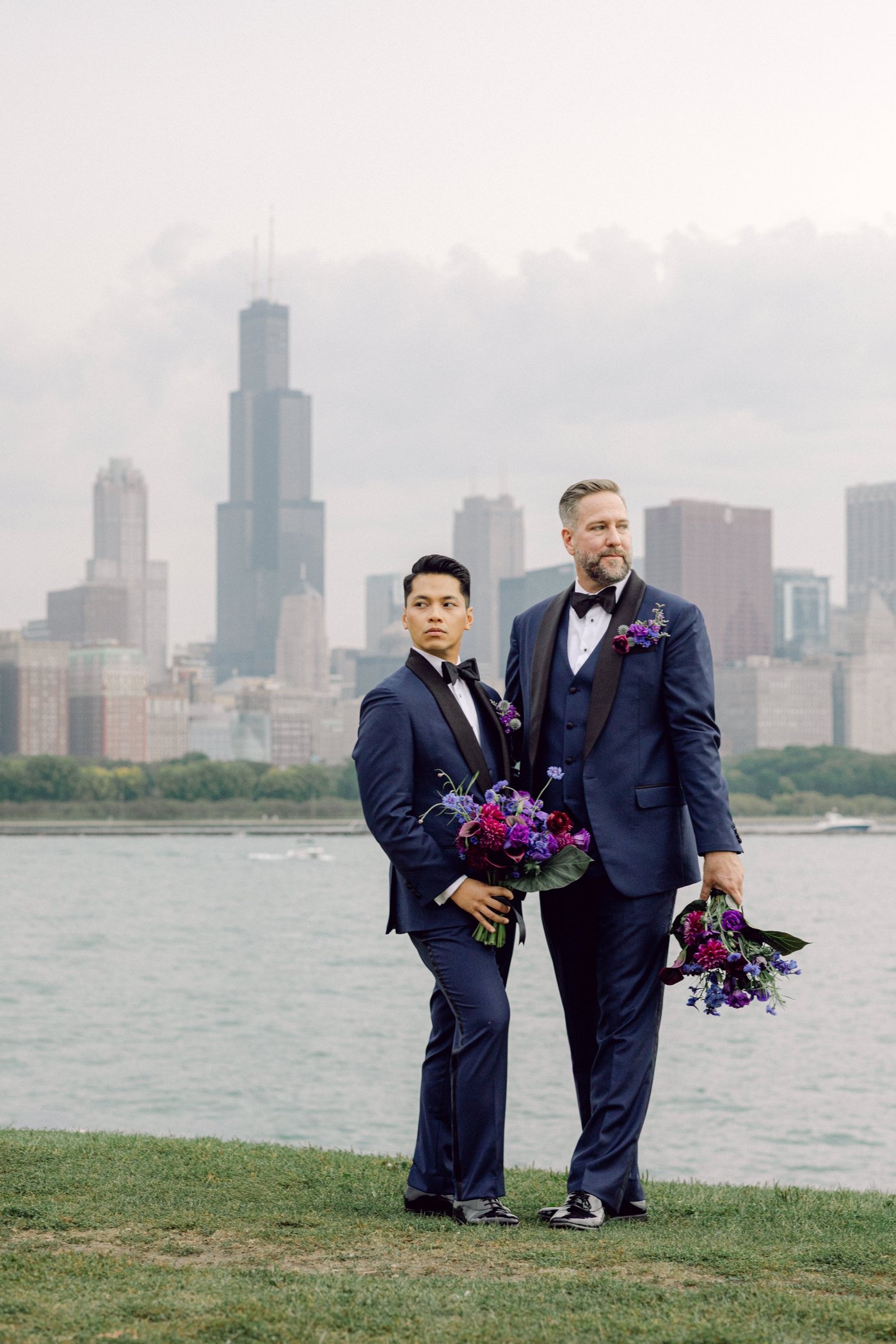 Wedding portraits in front of the Chicago skyline