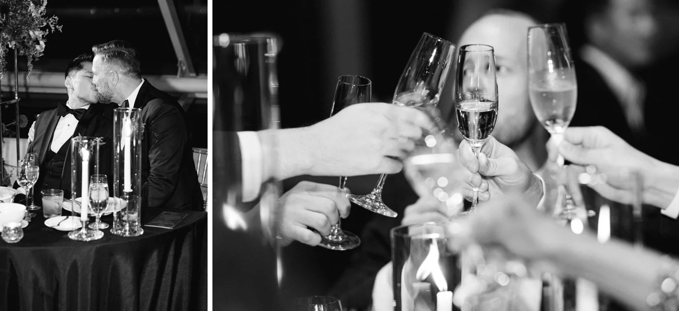 Grooms kissing during dinner at their wedding reception