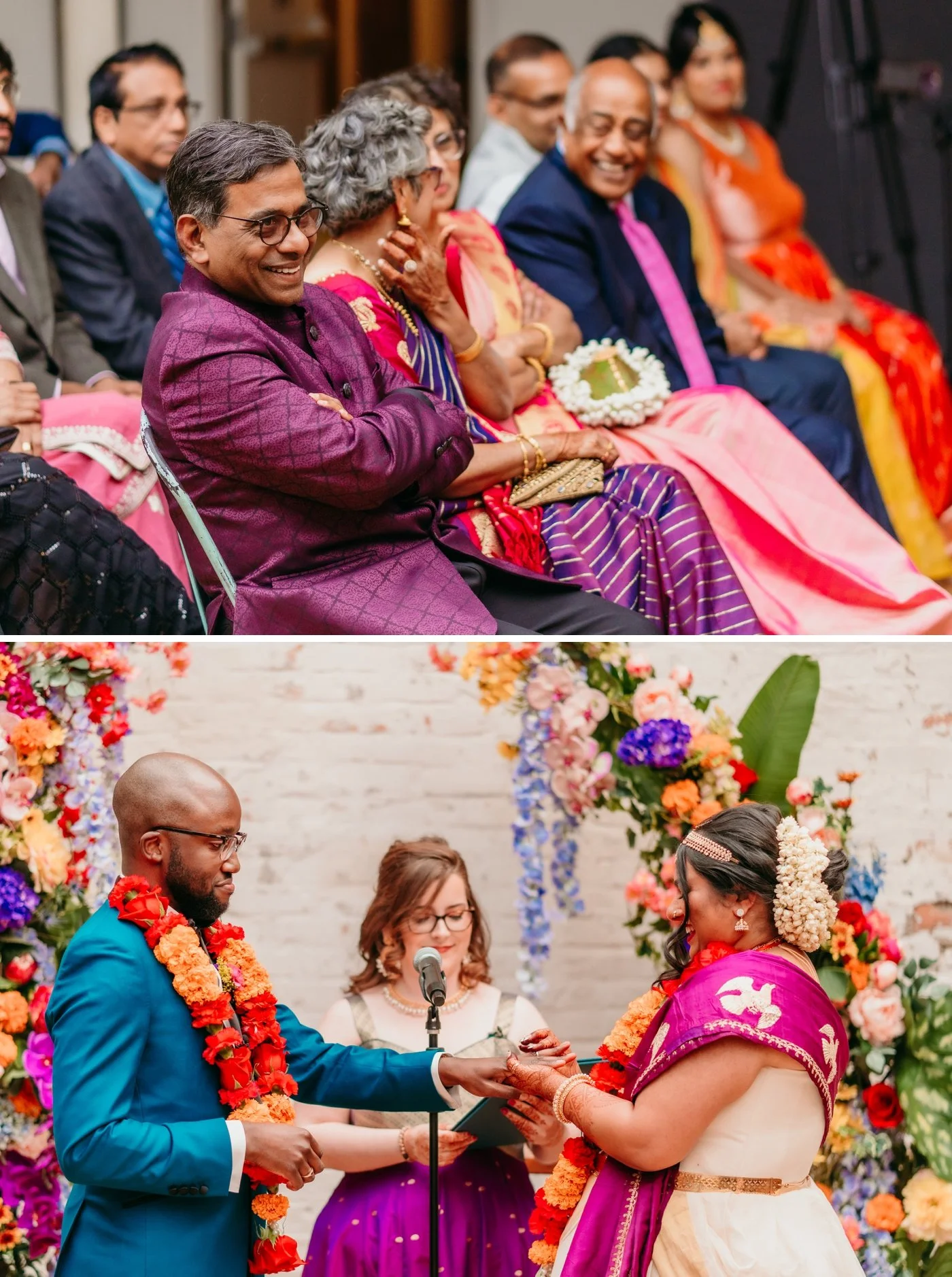 Bride putting wedding band on groom's finger