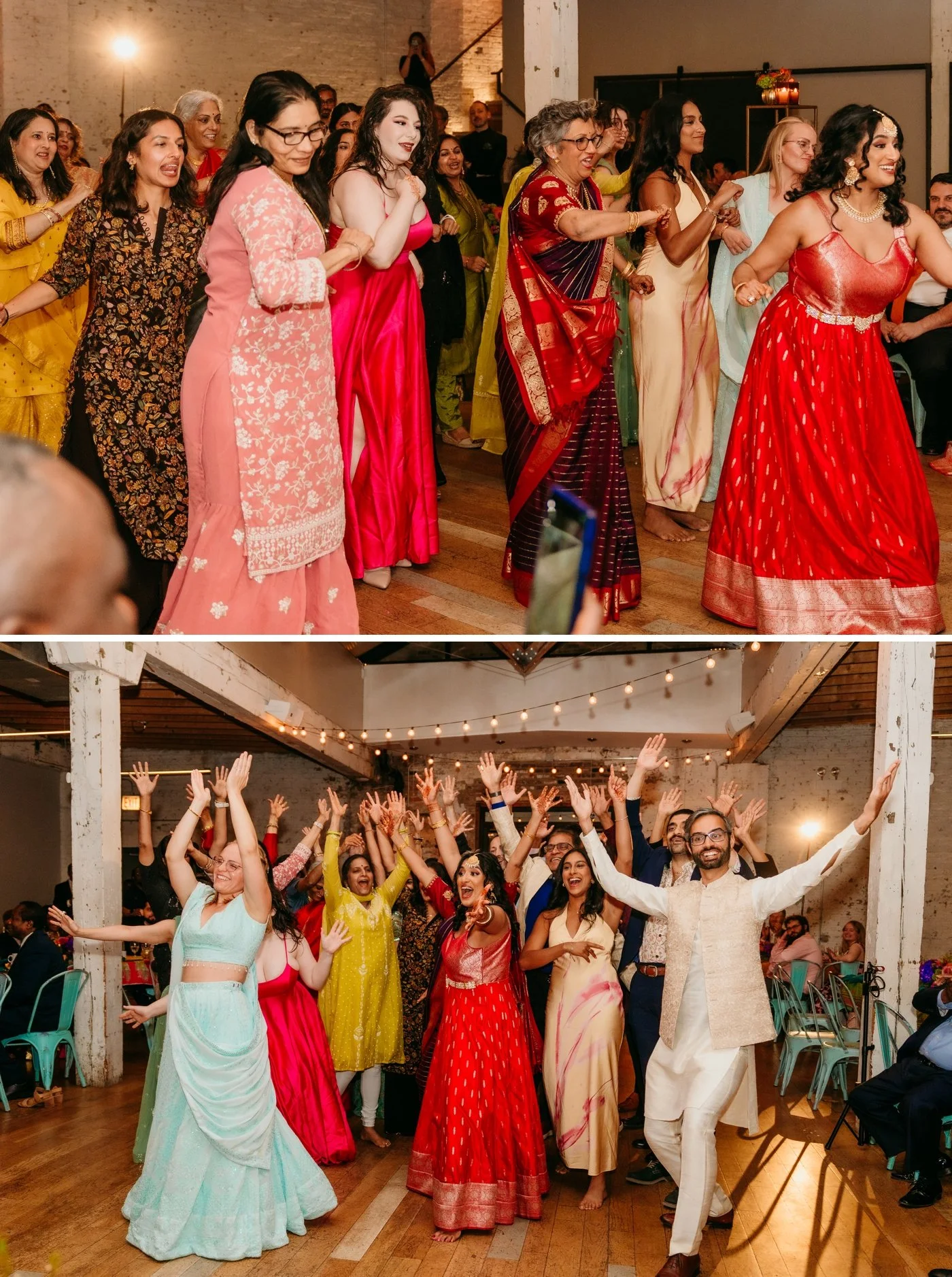 Wedding guests performing a traditional Indian dance