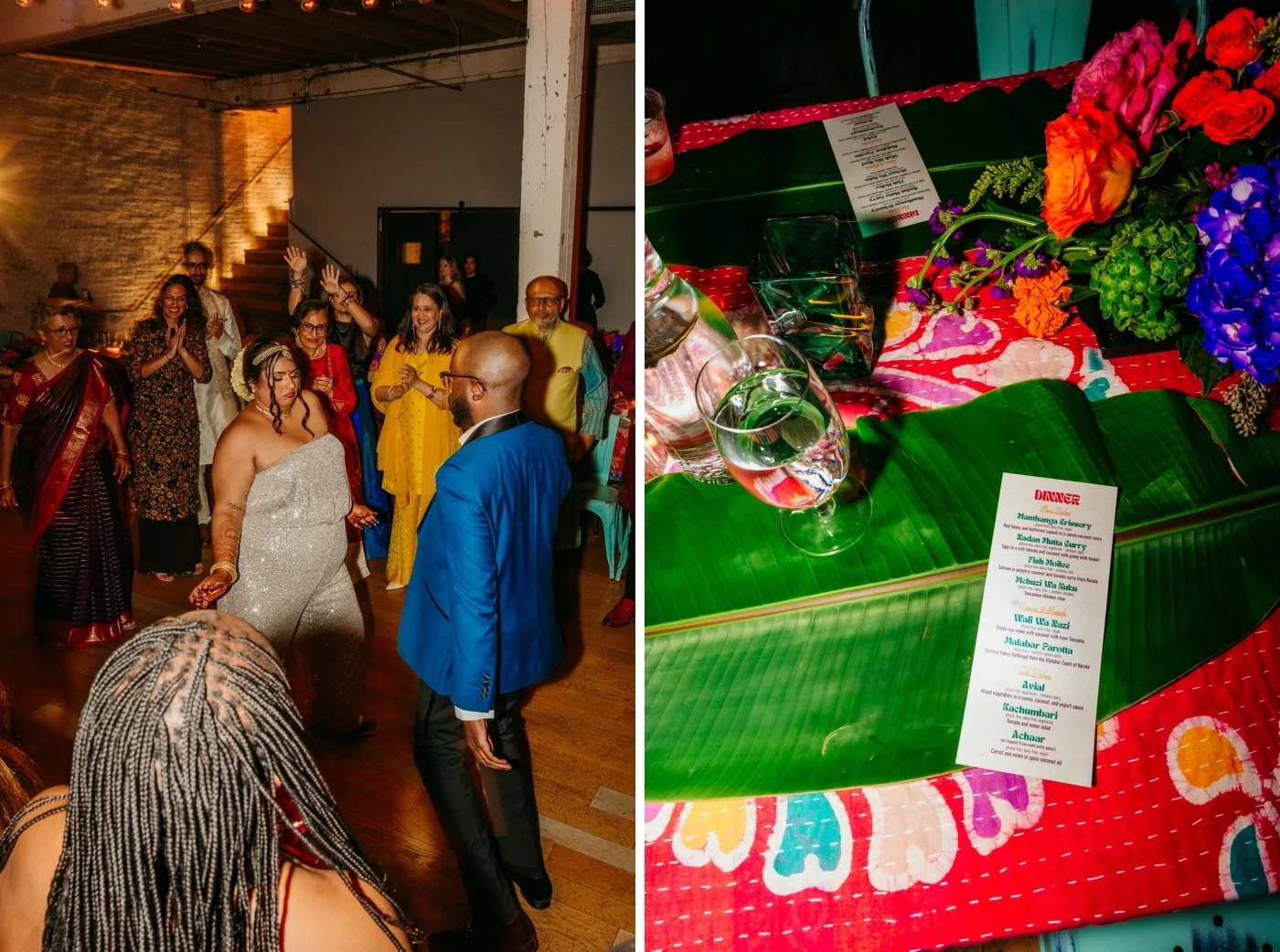 Wedding menu on a colorful block print tablecloth