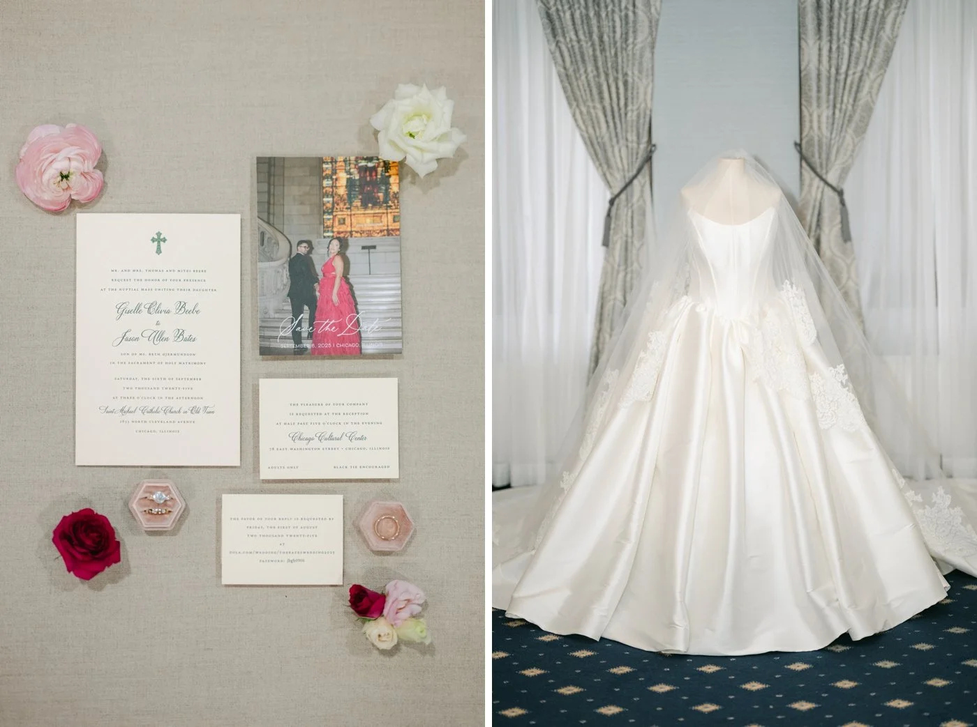 Flatlay of a Catholic wedding invitation with flowers and rings