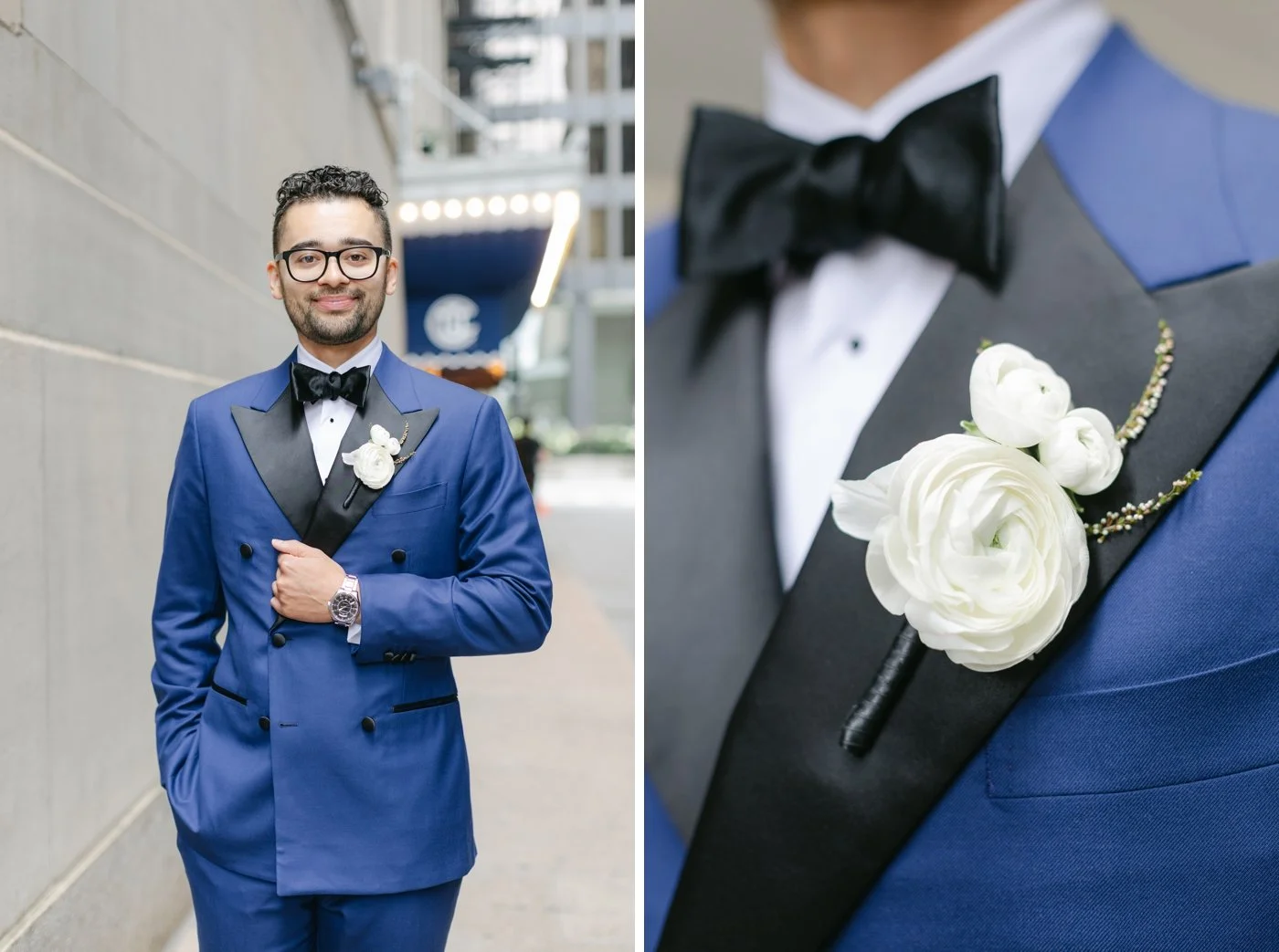 Groom wearing a navy blue suit jacket with black lapels