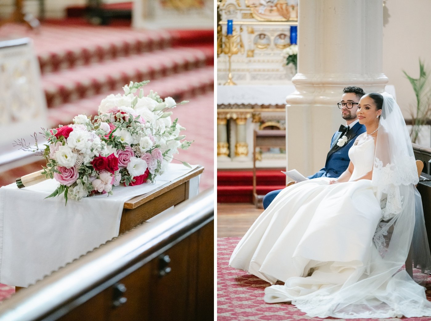 Bride and groom sitting during Catholic wedding ceremony