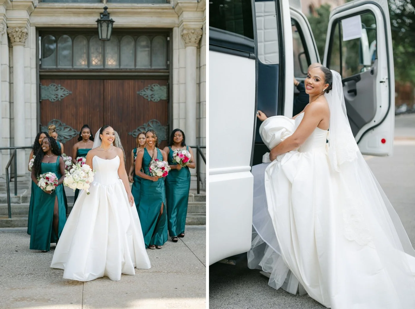 Bridesmaids wearing teal satin dresses
