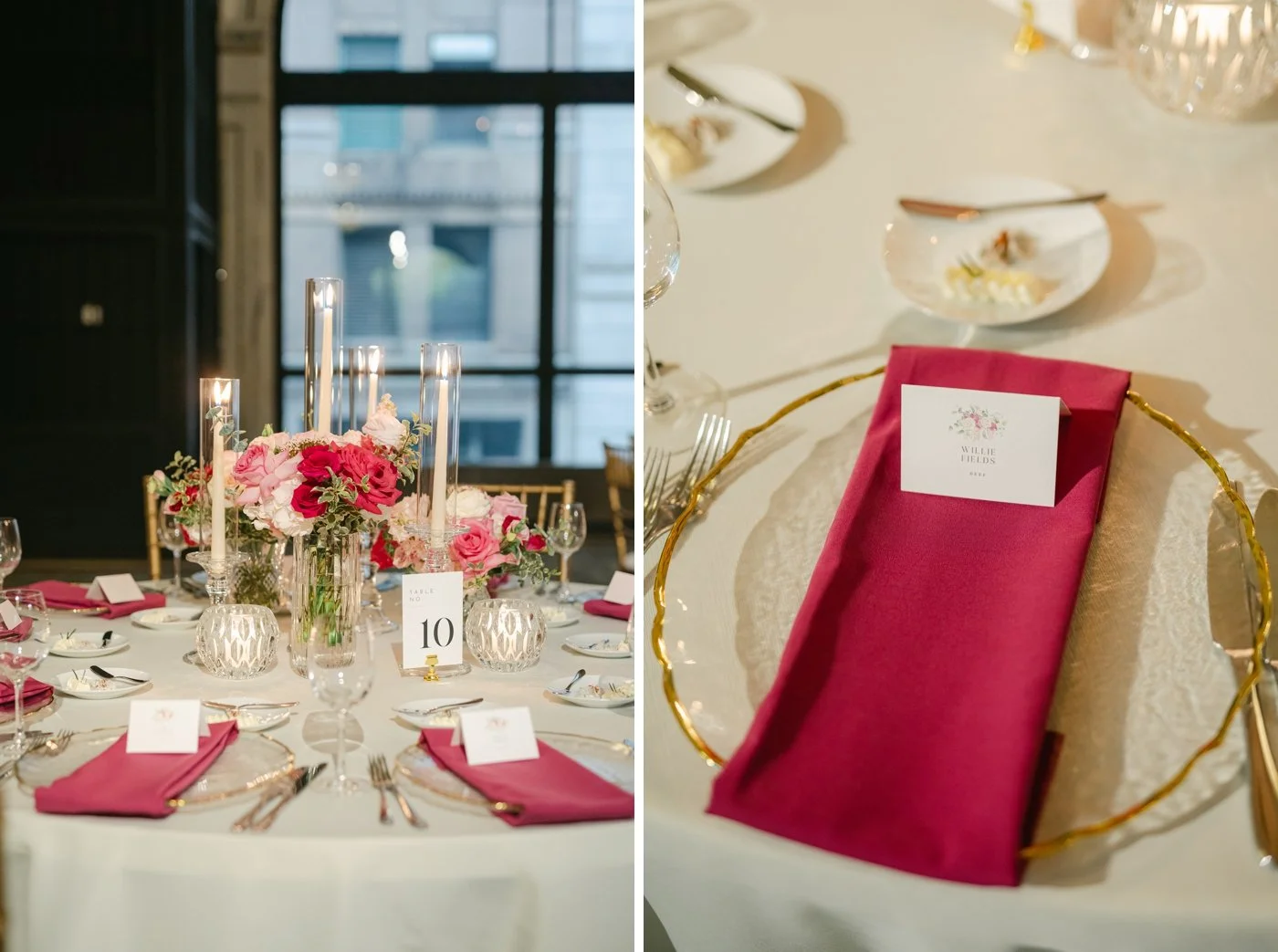 Pink and white wedding table with rose centerpiece