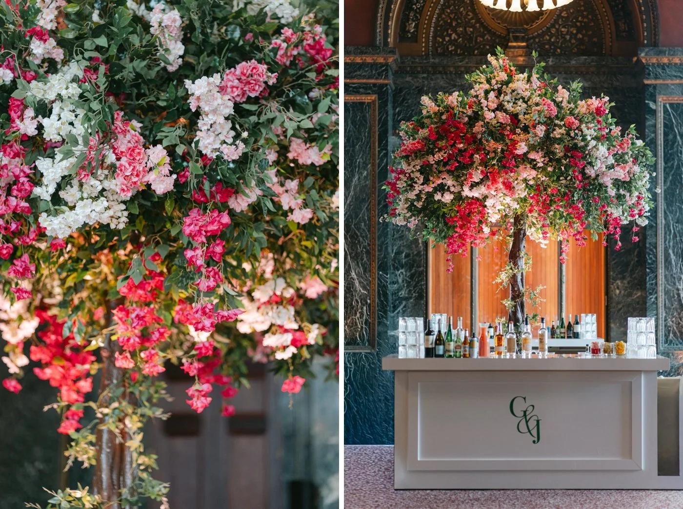 Custom monogrammed wedding bar with floral tree backdrop