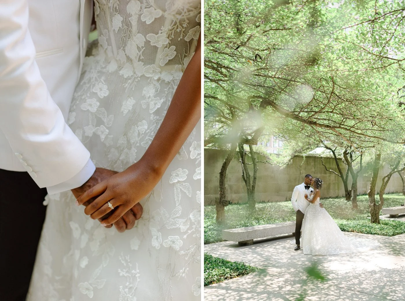 Close-up of bride and groom holding hands