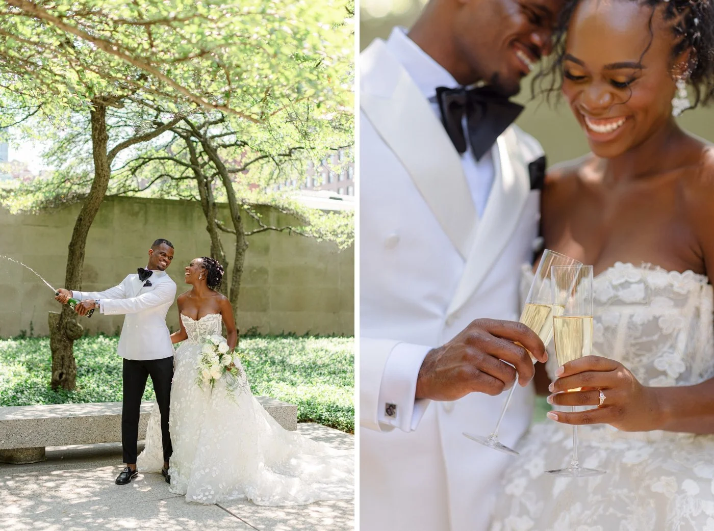 Bride and groom popping a bottle of champagne