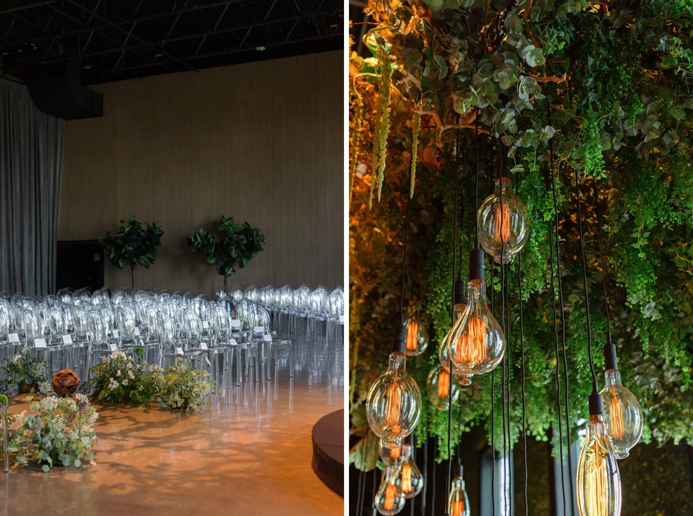 Ceiling installation with greenery and Edison lightbulbs at a Chicago wedding