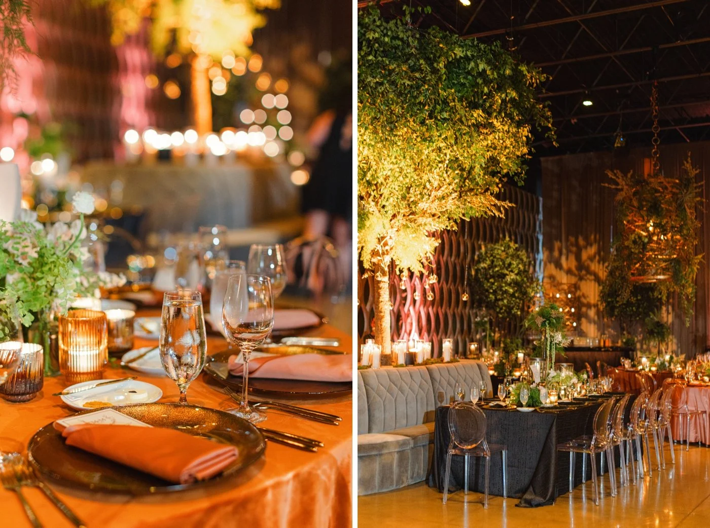 Terracotta linens and velvet banquettes at a Chicago wedding reception