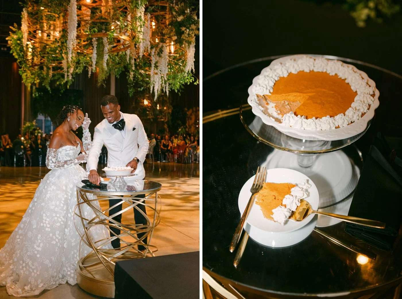 Bride and groom cutting a sweet potato pie at their reception