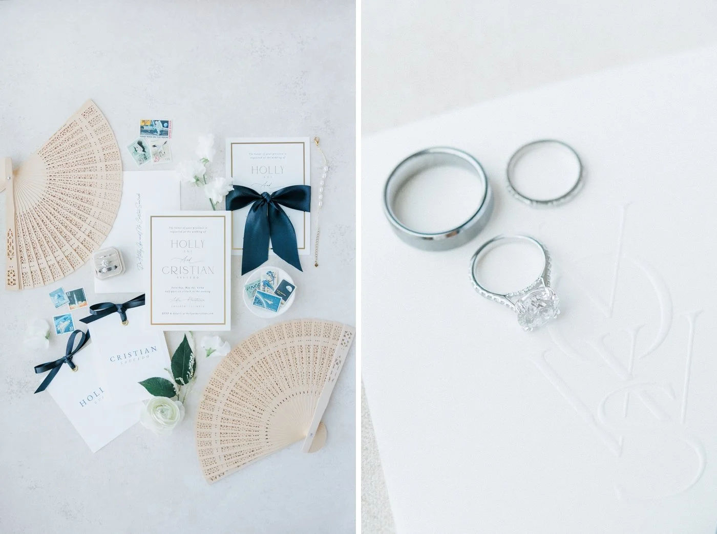 Wedding flatlay with black and white stationery, vintage stamps, and Chinese fans