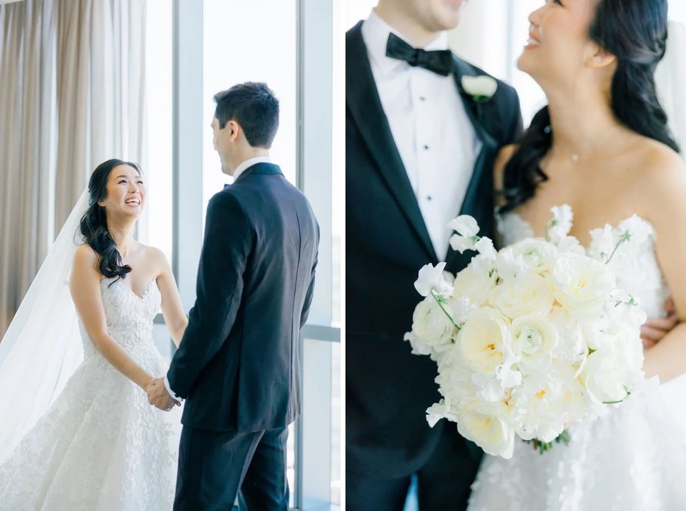 Bride holding a white wedding bouquet with ranunculus, sweet peas, and peonies