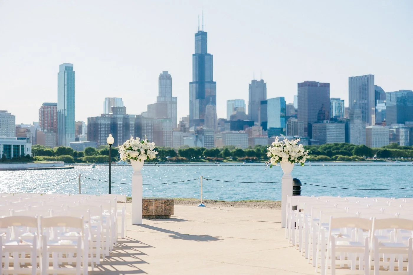 Outdoor ceremony set-up overlooking the Chicago skyline at the Adler Planetarium 