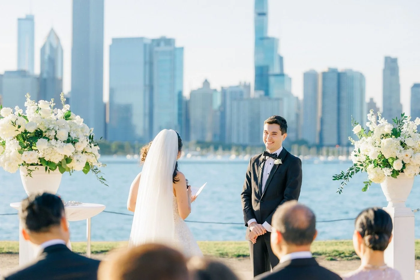 Wedding vows overlooking the Chicago skyline at Adler Planetarium