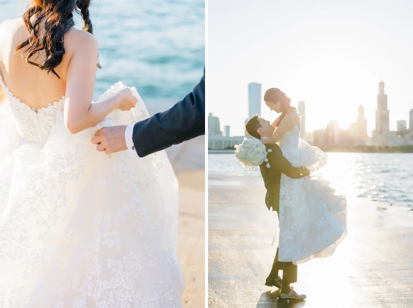 Golden hour Chicago bridal portraits along Lake Michigan