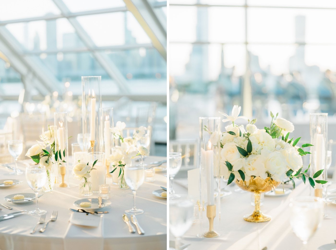 White flowers and greenery in a gold vase for a Chicago wedding