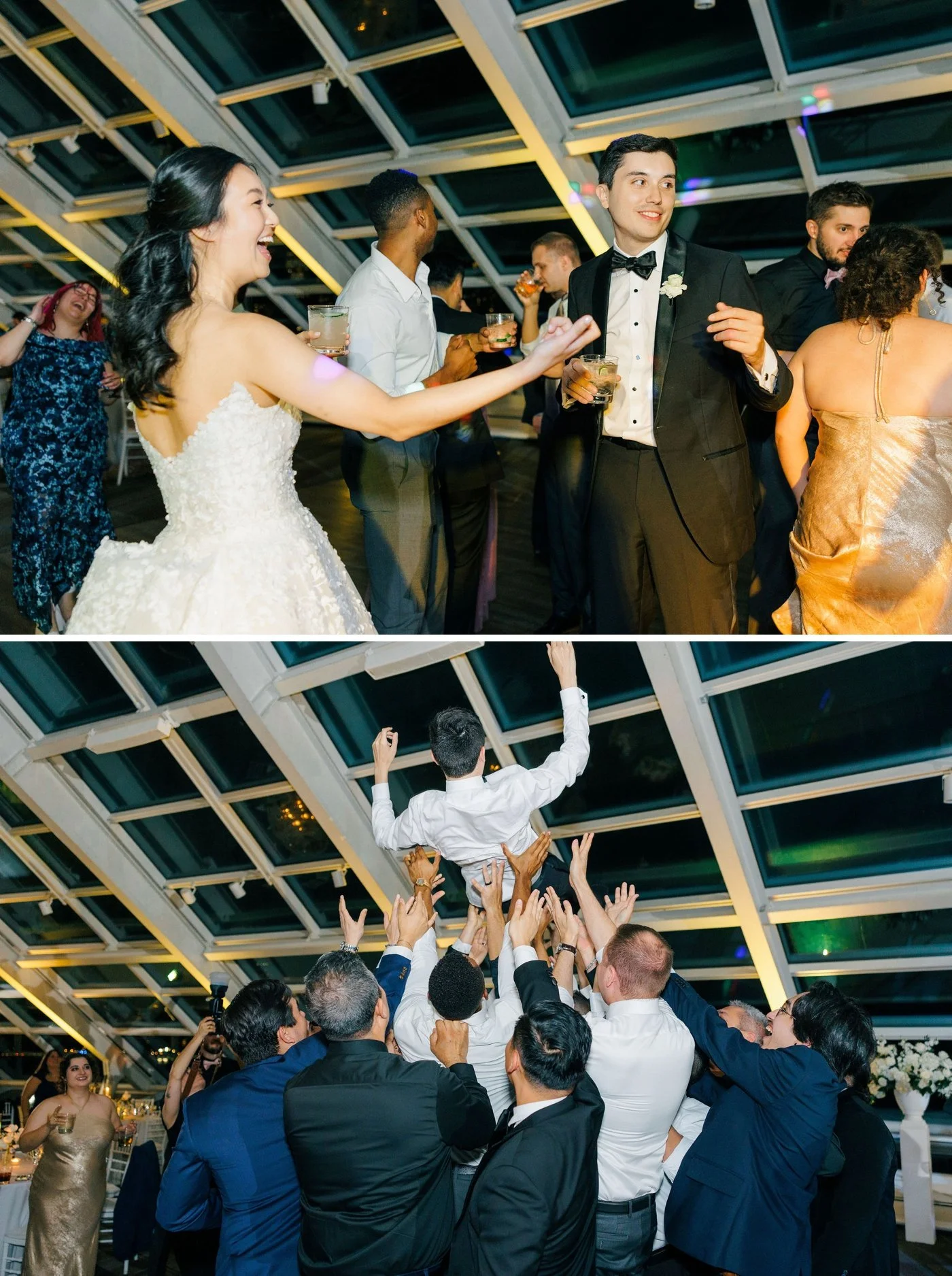 Wedding guests lifting groom on the dance floor
