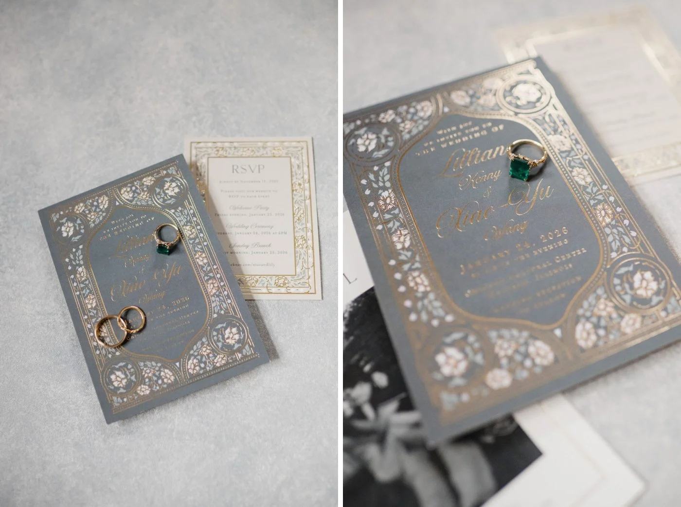 Dusty blue and gold winter wedding invitation
