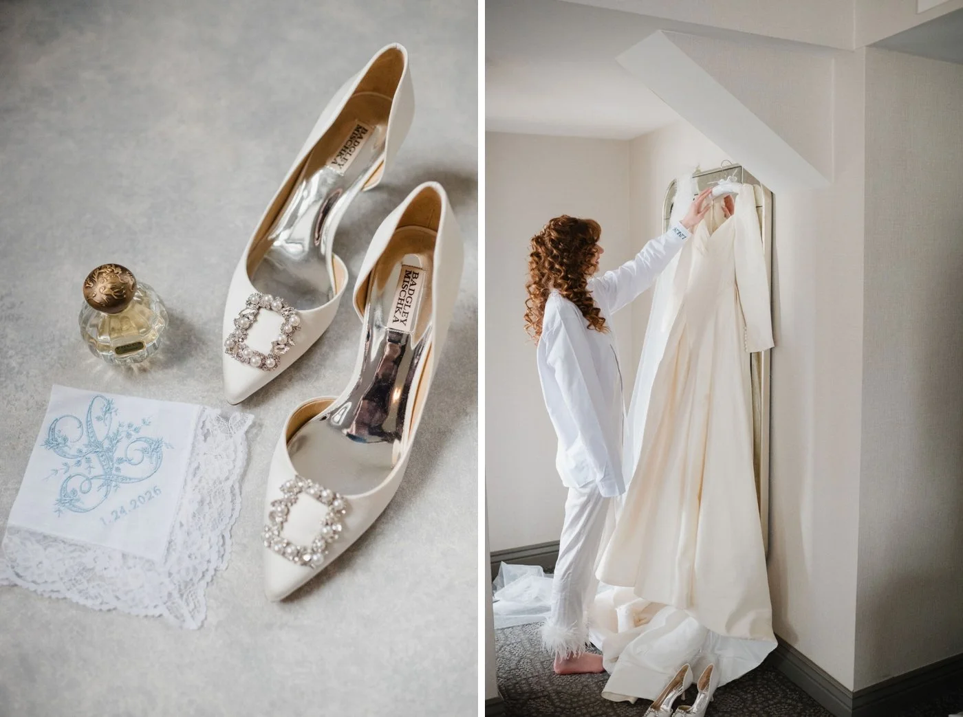 Flatlay of Badgley Mischka bridal shoes, custom embroidered handkerchief, and perfume bottle