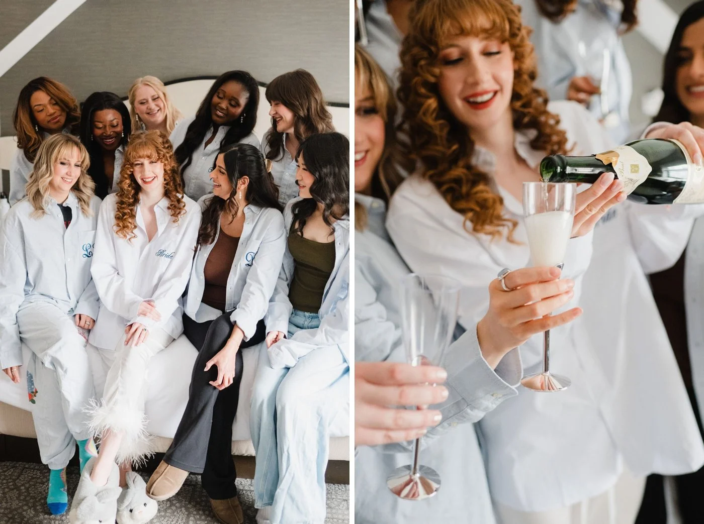 Bride and bridesmaids wearing matching pajamas, pouring champagne