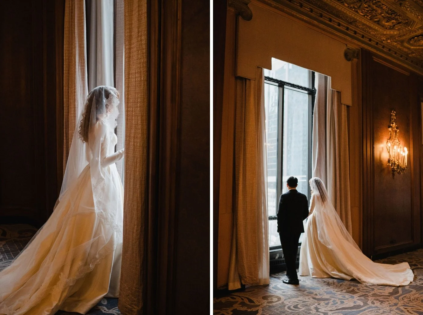 Bride standing at a window at the InterContinental Chicago Magnificent Mile
