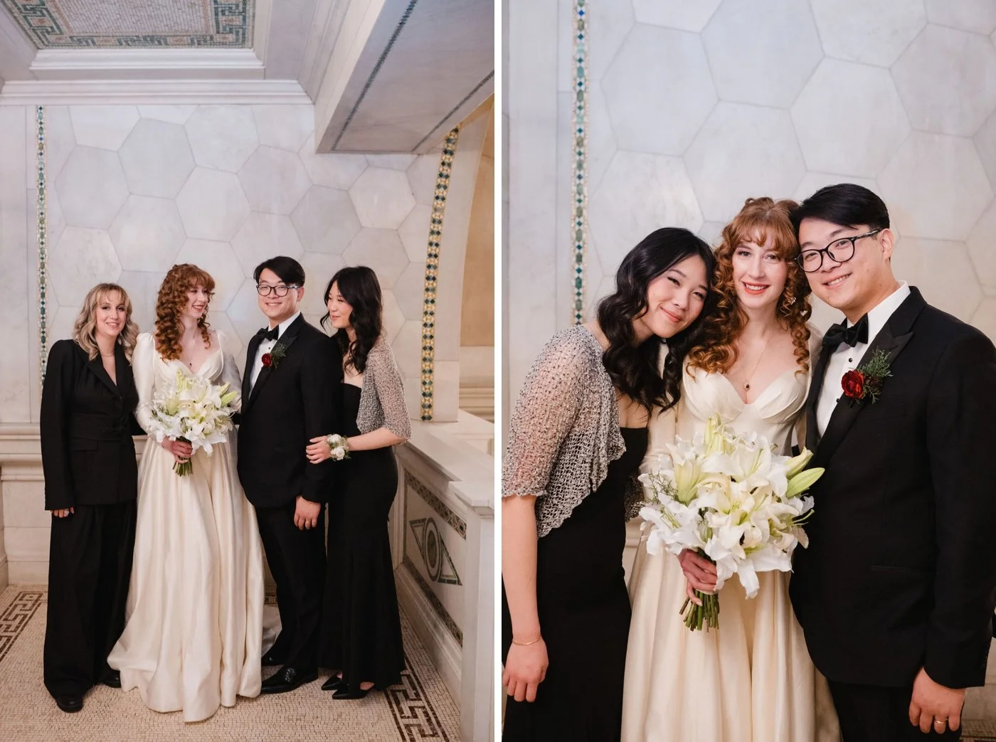 Bride and groom posing for candid portraits with wedding guests