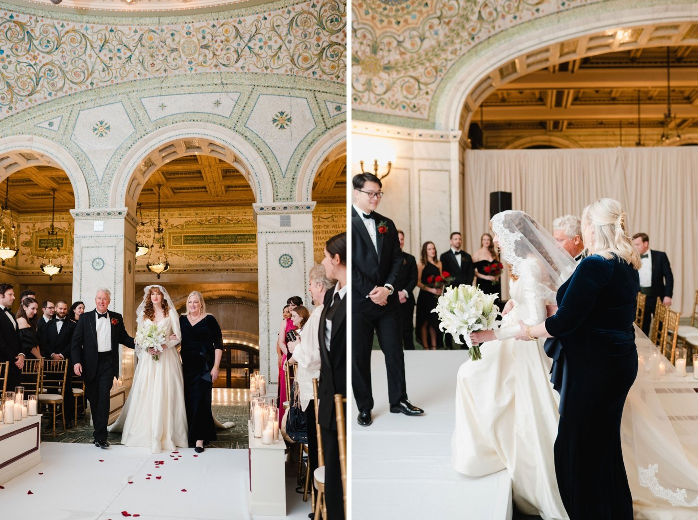 Parents of bride escorting her down the aisle for her Chicago wedding