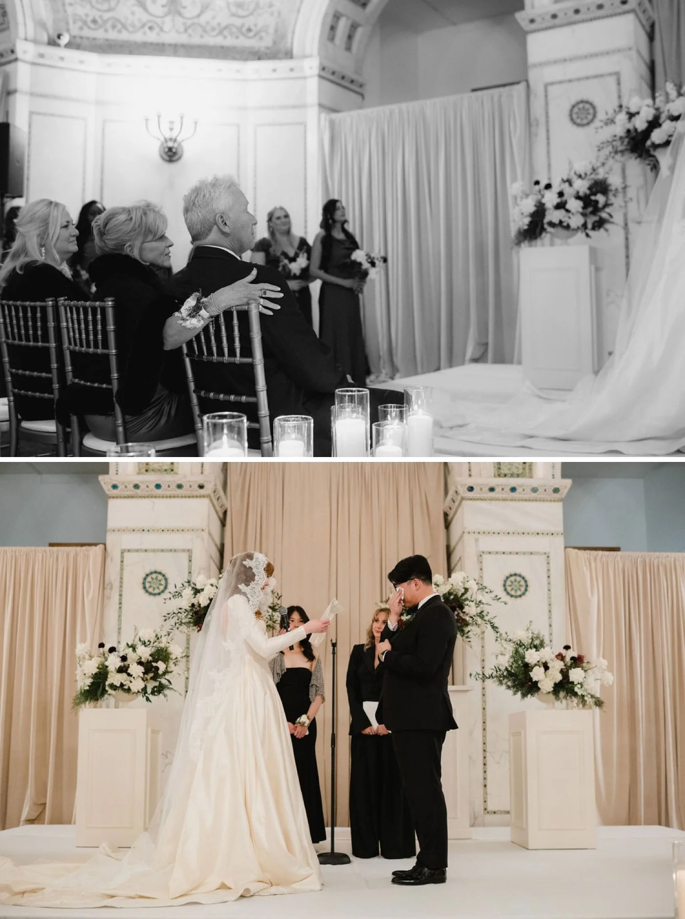 Groom wiping away tears during wedding vows